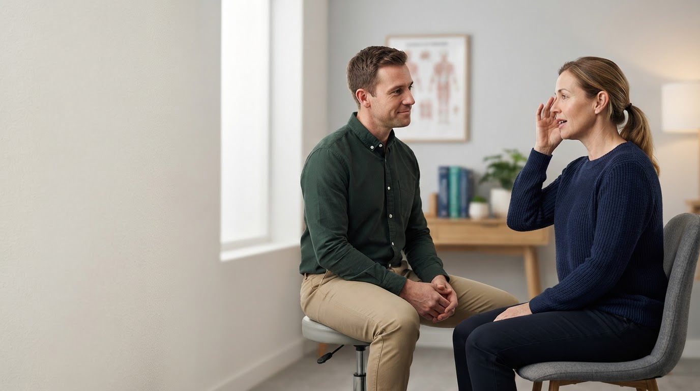 Adult patient discussing recurring headaches with a chiropractor in a calm Miami Lakes clinic