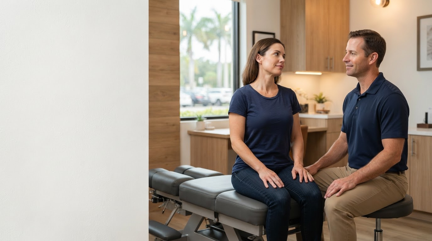 Chiropractor consulting with an adult patient after an auto injury in Miami Lakes