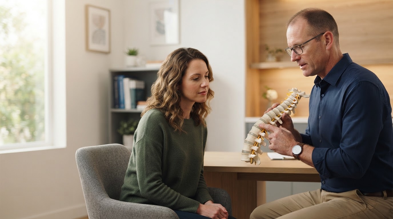 Chiropractor using an anatomical spine model to explain disc-related symptoms to an adult patient in Miami Lakes