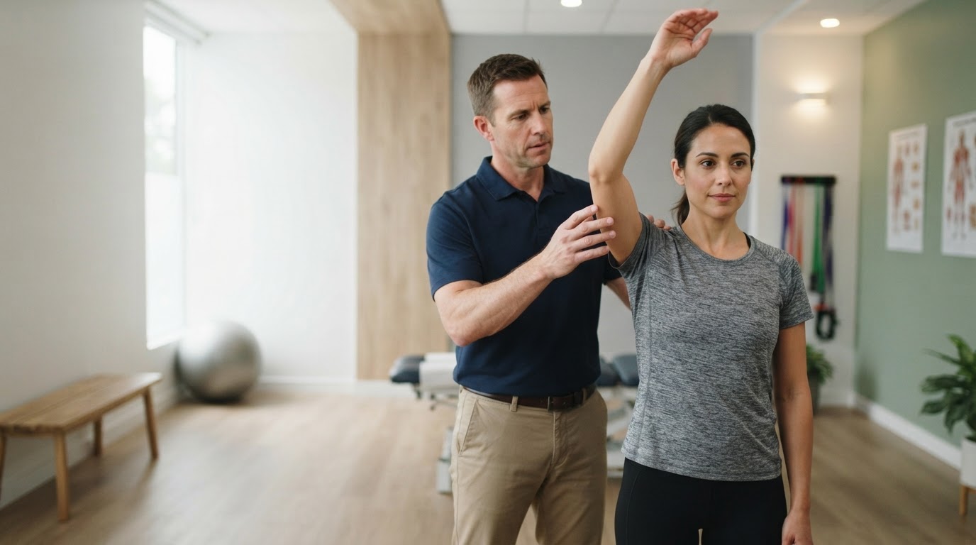 Chiropractor guiding a comfortable shoulder range-of-motion assessment with an adult patient in Miami Lakes