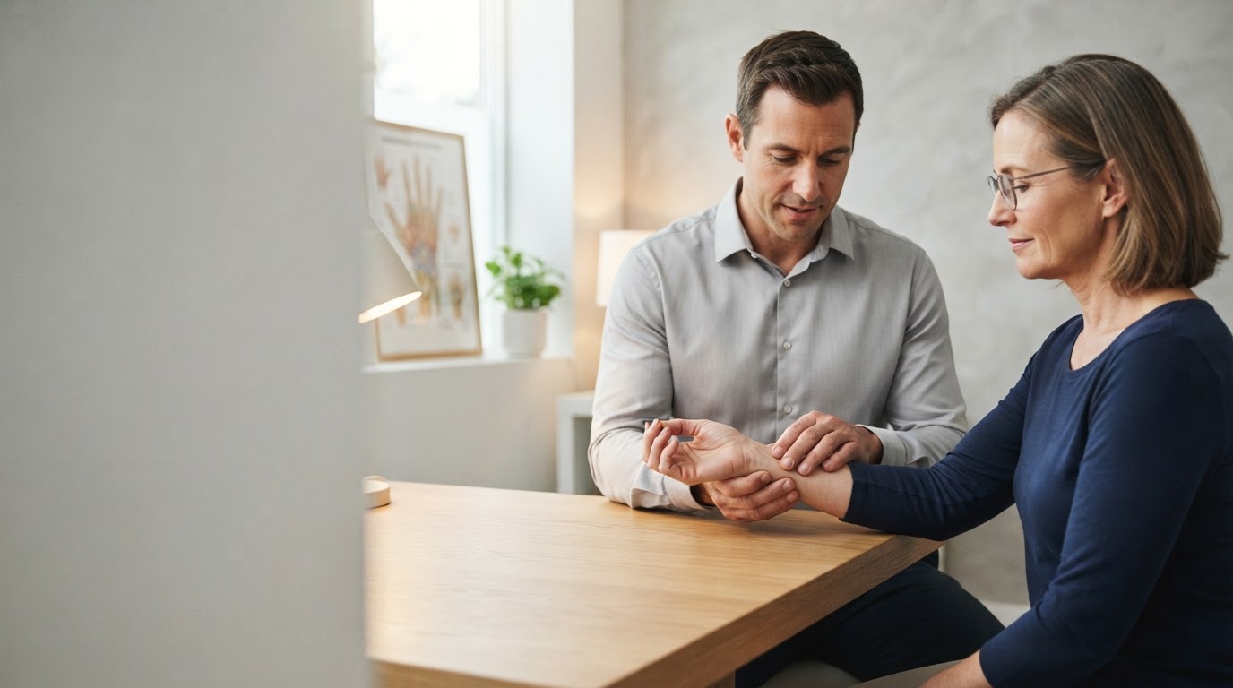 Chiropractor carefully evaluating an adult patient’s wrist and hand symptoms in Miami Lakes