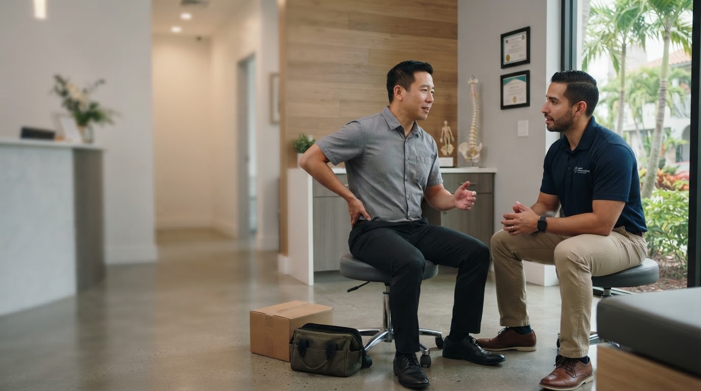 Chiropractor discussing a work-related musculoskeletal concern with an adult patient in Miami Lakes