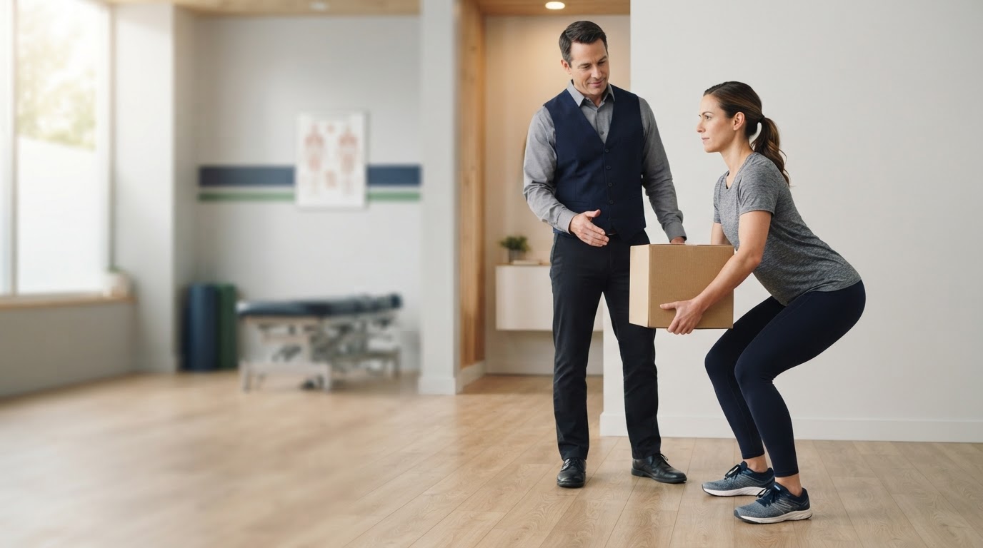 Adult practicing a controlled lift while a chiropractor offers guidance in a Miami Lakes clinic