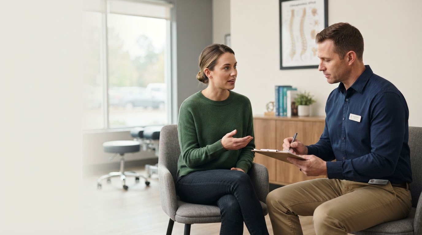 Chiropractor calmly listening to an adult patient after a car accident in Miami Lakes
