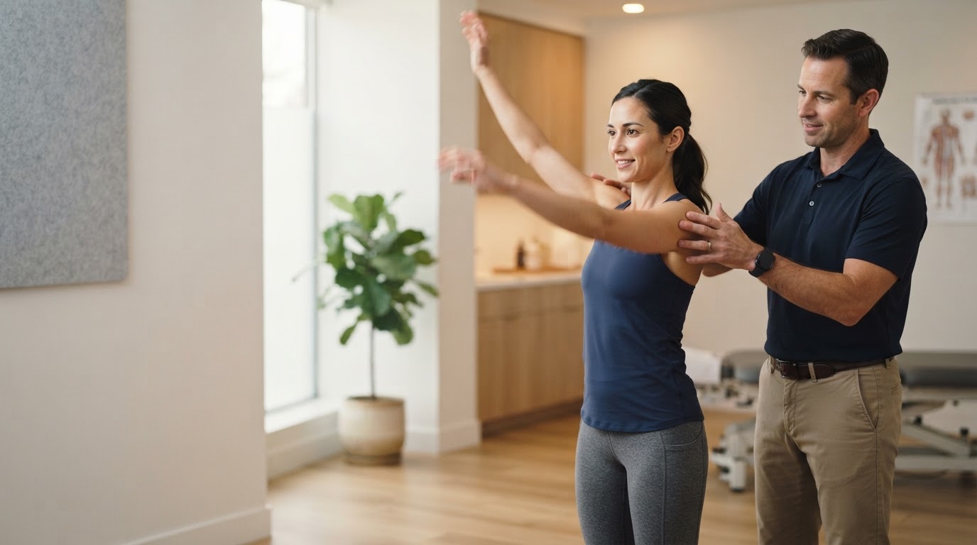 Adult performing a comfortable standing mobility movement with chiropractor guidance in Miami Lakes