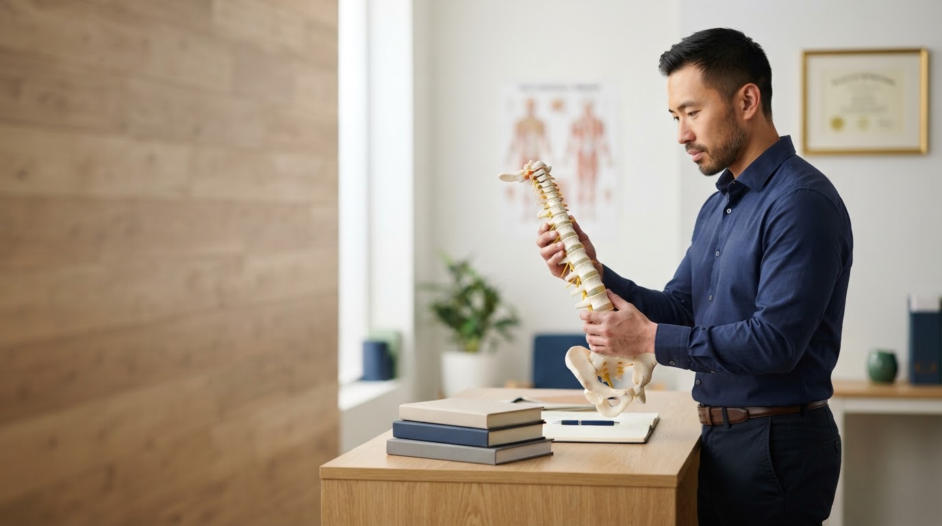 Chiropractor reviewing an anatomical spine model and clinical textbooks in Miami Lakes