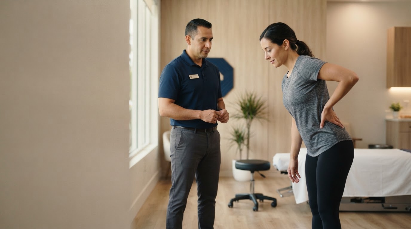 Chiropractor evaluating an adult patient with lower back discomfort in Miami Lakes