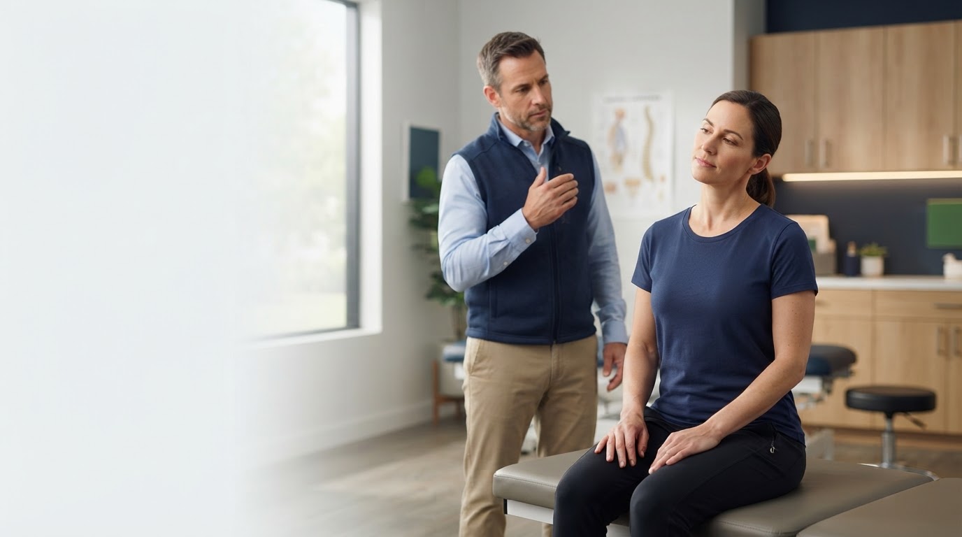 Chiropractor assessing comfortable neck movement with an adult patient in a modern Miami Lakes clinic