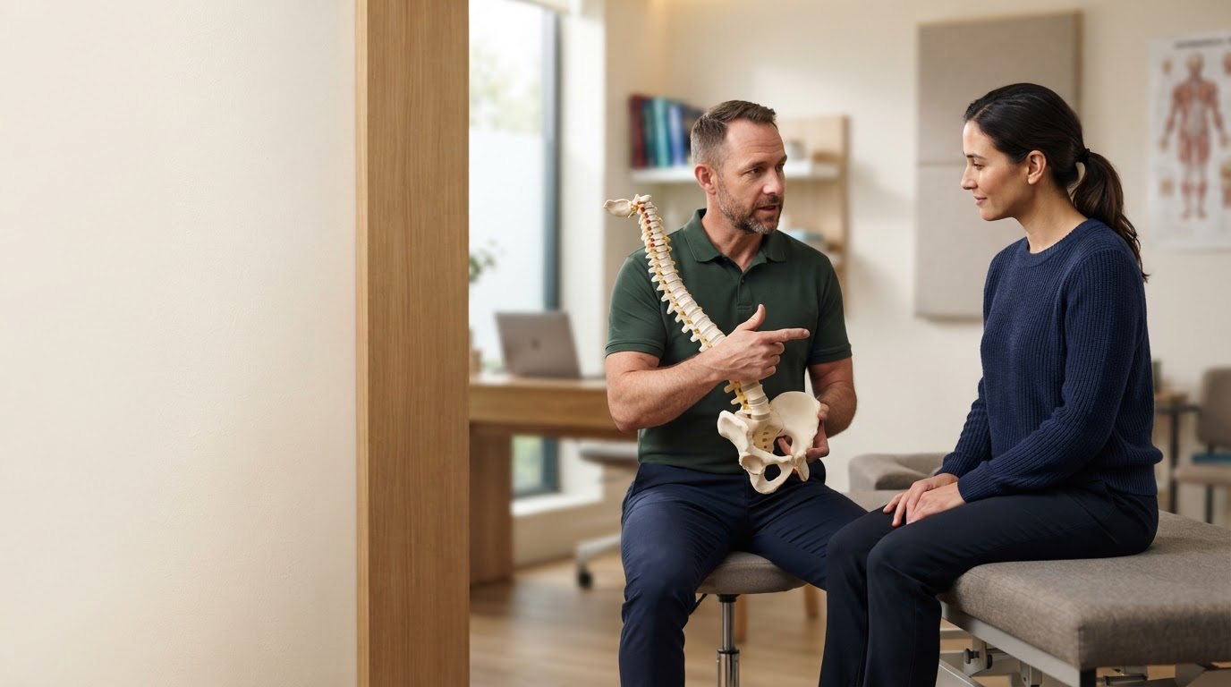 Chiropractor discussing radiating lower-back and leg symptoms with an adult patient in Miami Lakes